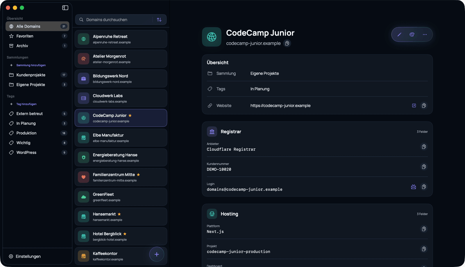 Domain Ledger im dunklen Erscheinungsbild