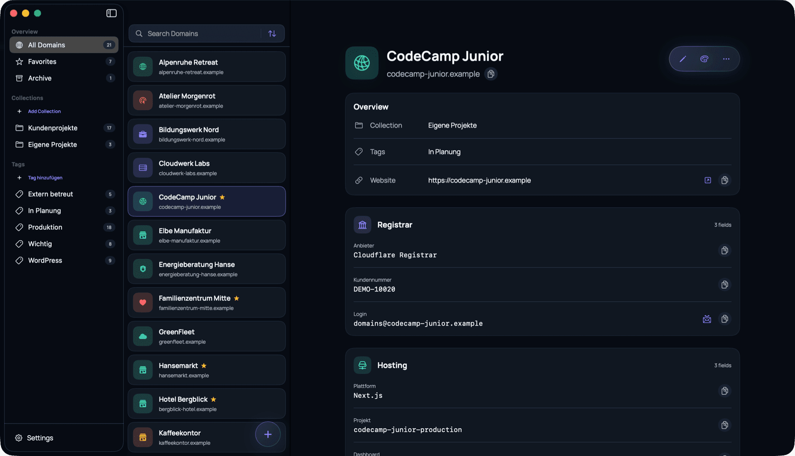 Domain Ledger in dark appearance